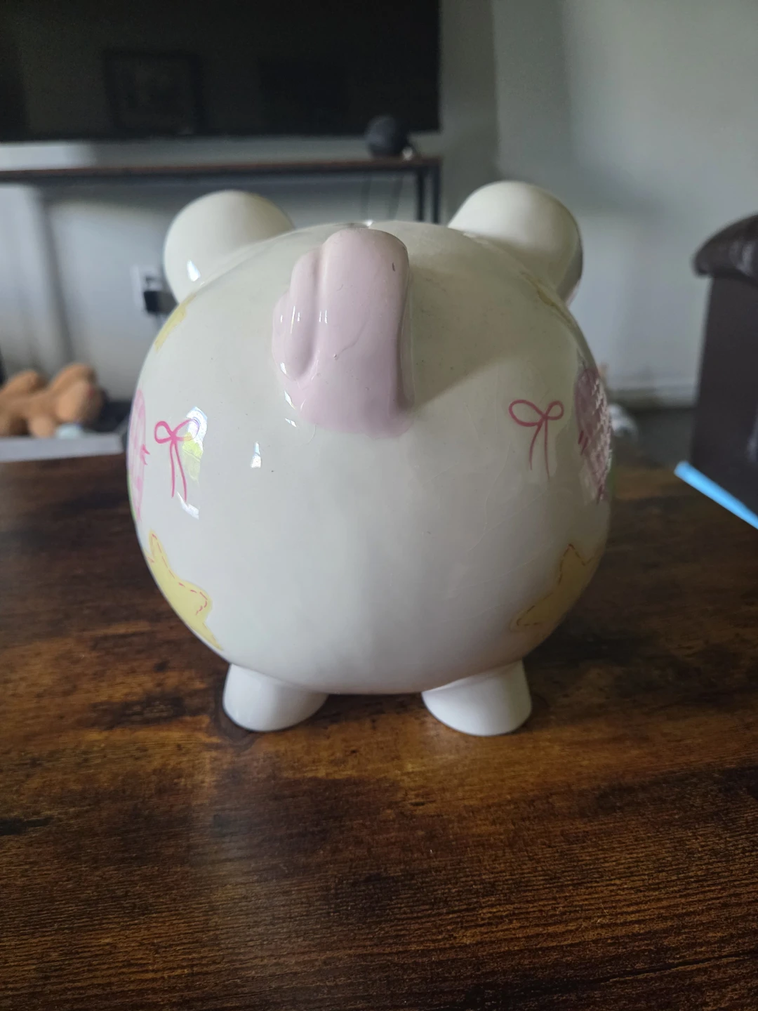 White Ceramic Piggy Bank with Pink and Yellow Accents - photo 3