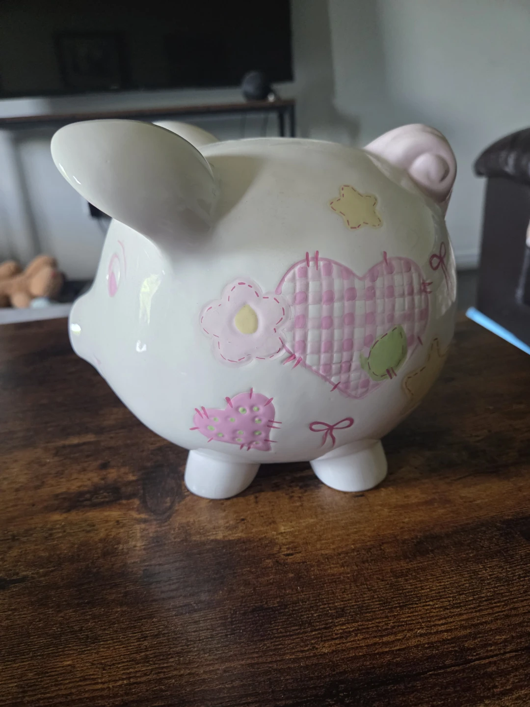White Ceramic Piggy Bank with Pink and Yellow Accents - photo 4