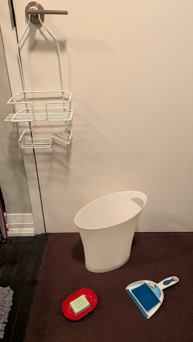 White Shower Caddy, (Umber) Bin, Soapdish, Soap, Dustpan