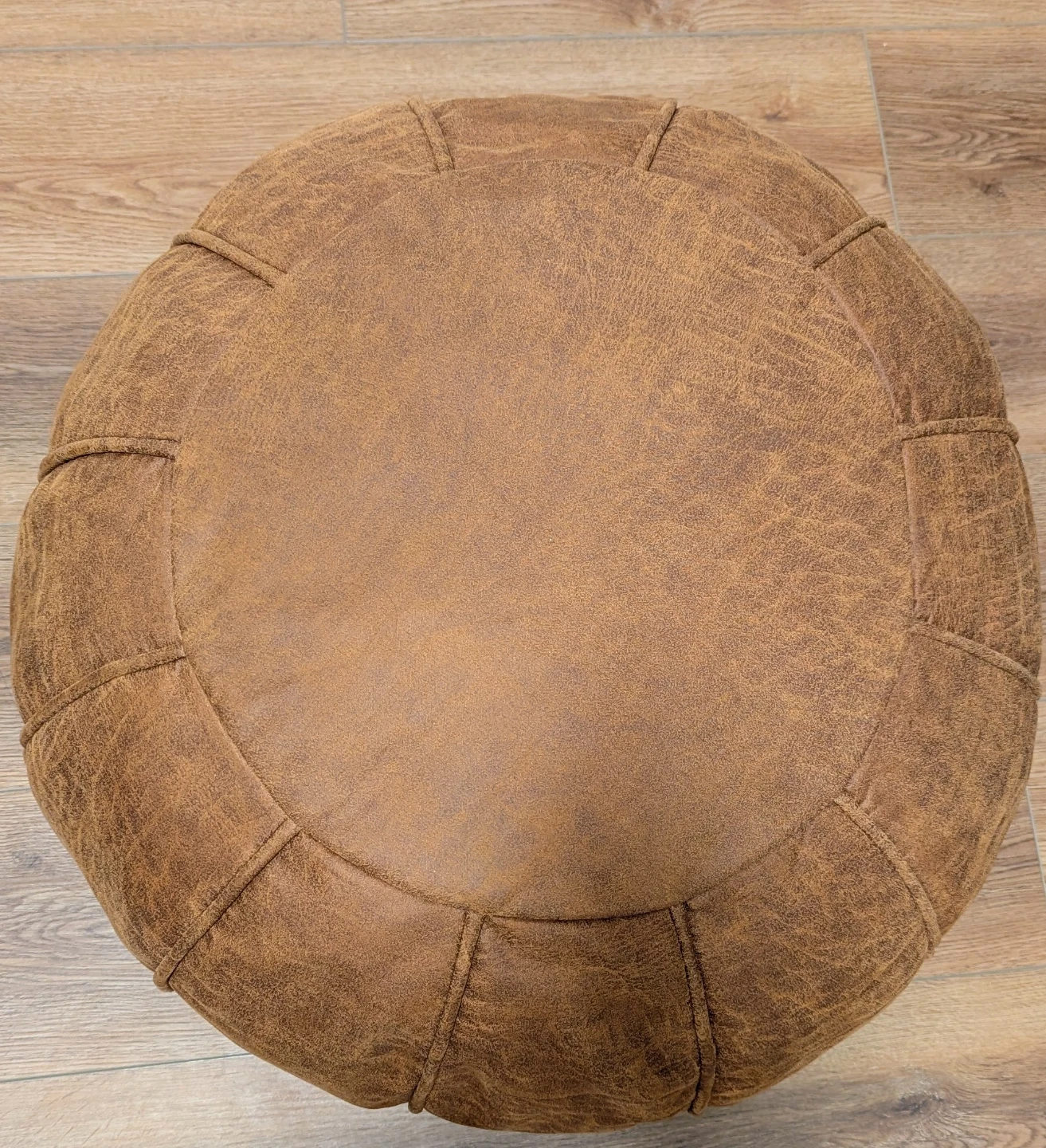 Round Brown Faux Leather Ottoman Pouf