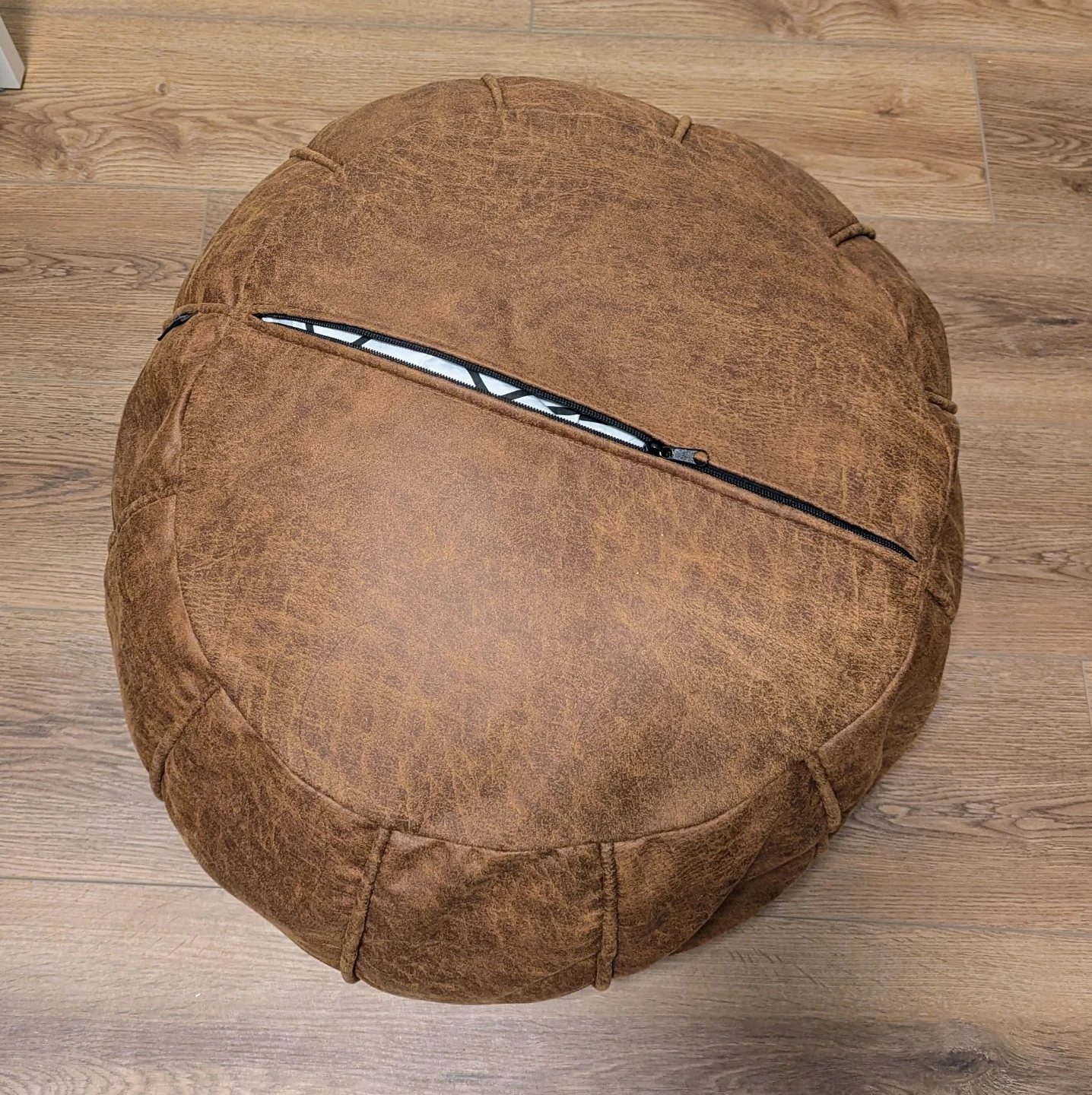 Round Brown Faux Leather Ottoman Pouf - photo 2