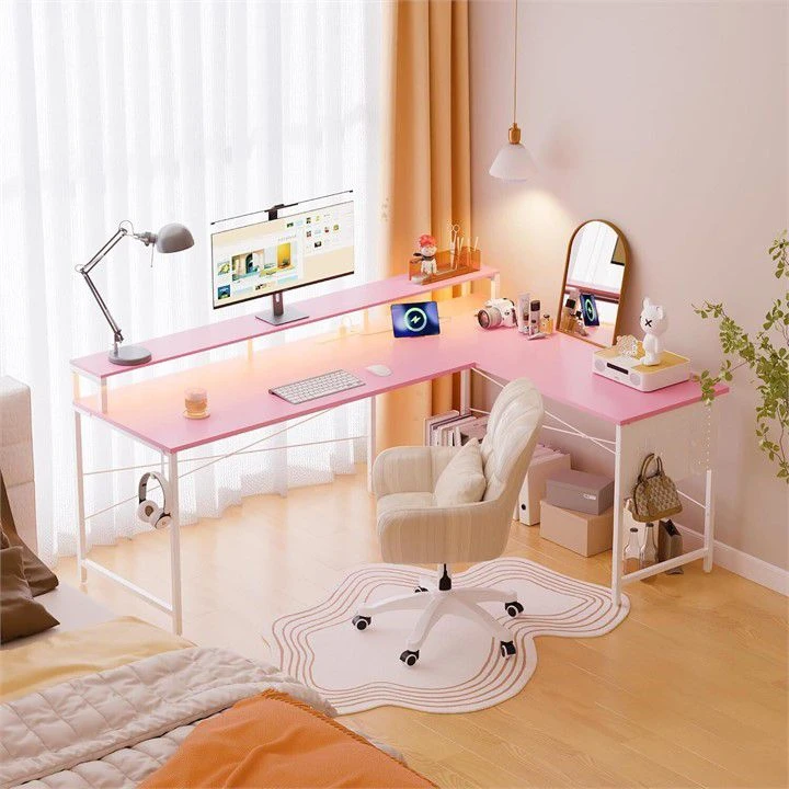 Pink L-Shaped Corner Desk with Riser Shelf - photo 2