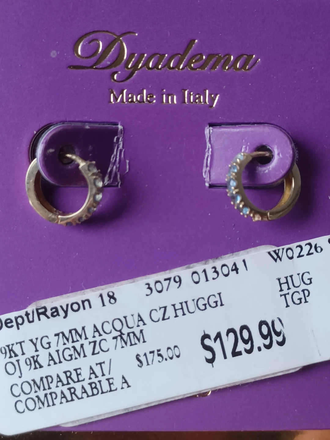 Dyadema 9KT YG Acqua CZ Huggi Earrings