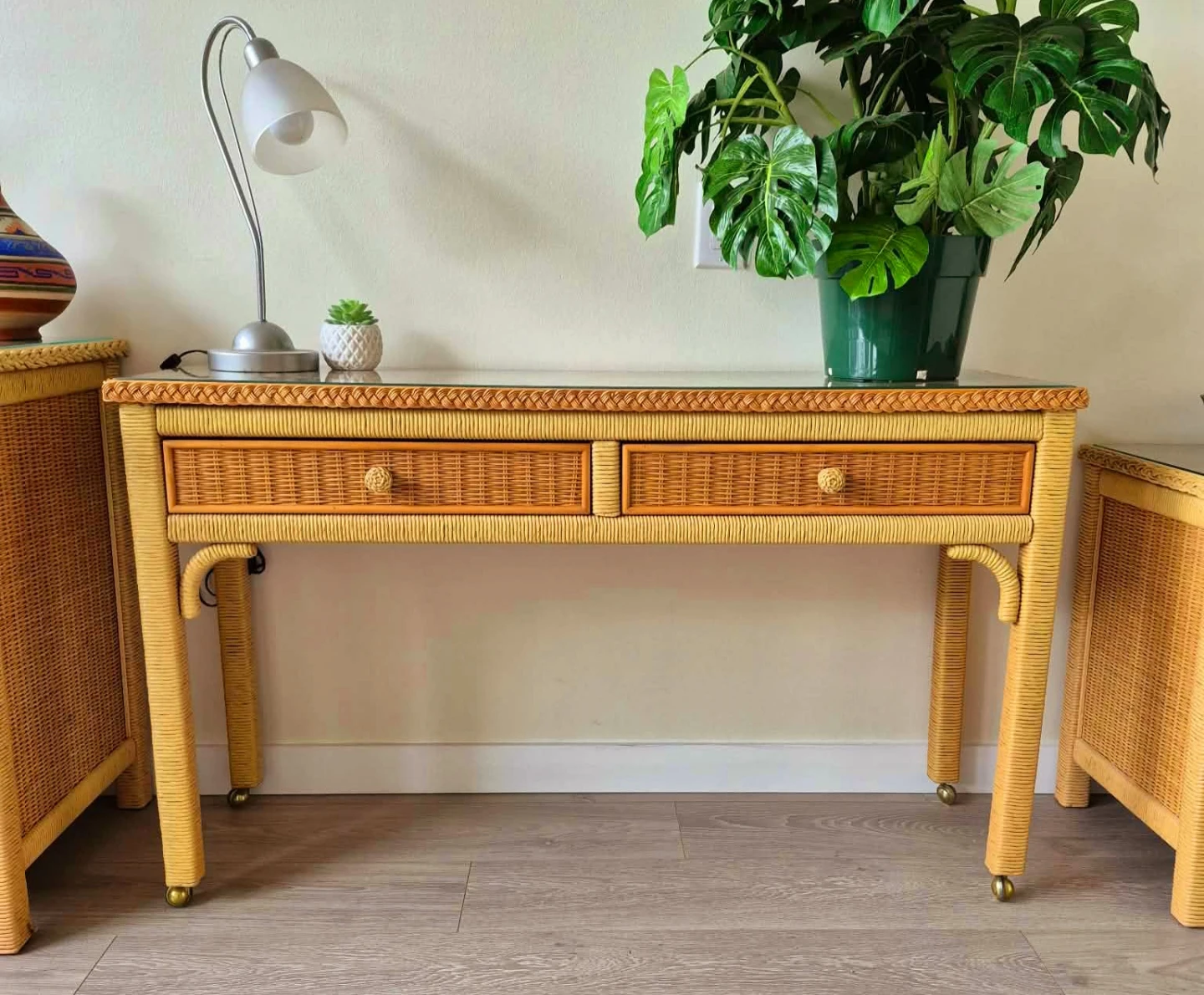 Bohemian Rattan Wicker Console Table On Caster Wheels