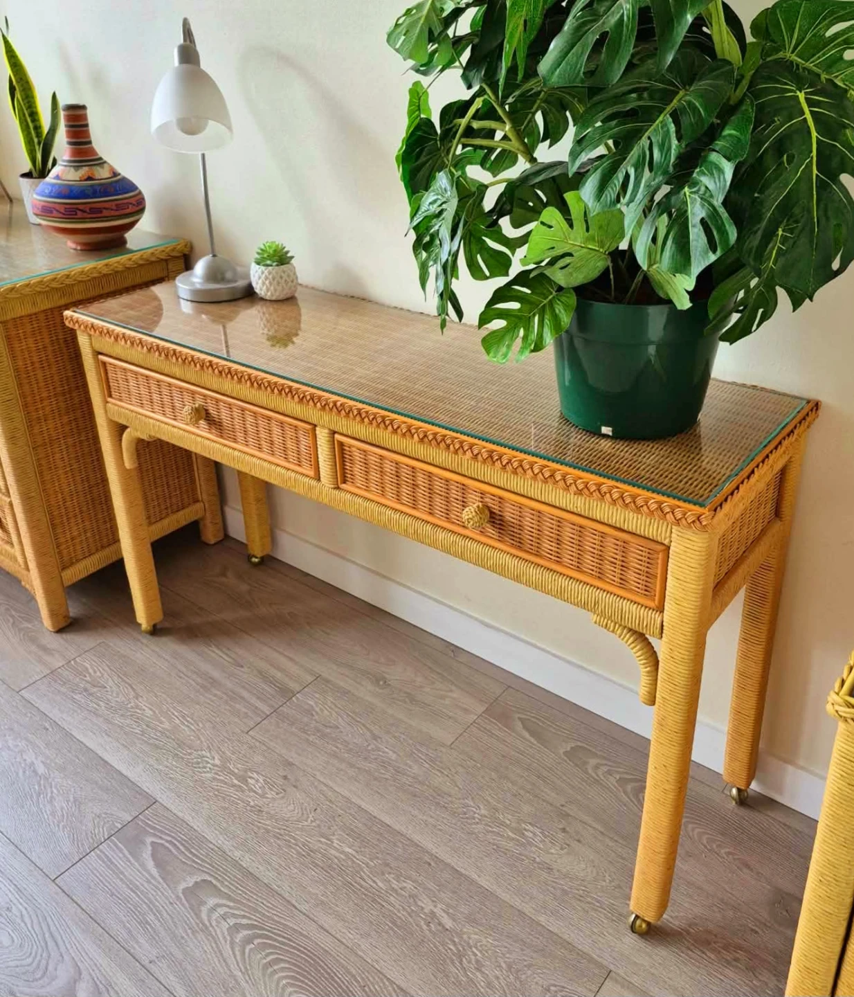 Bohemian Rattan Wicker Console Table On Caster Wheels - photo 2