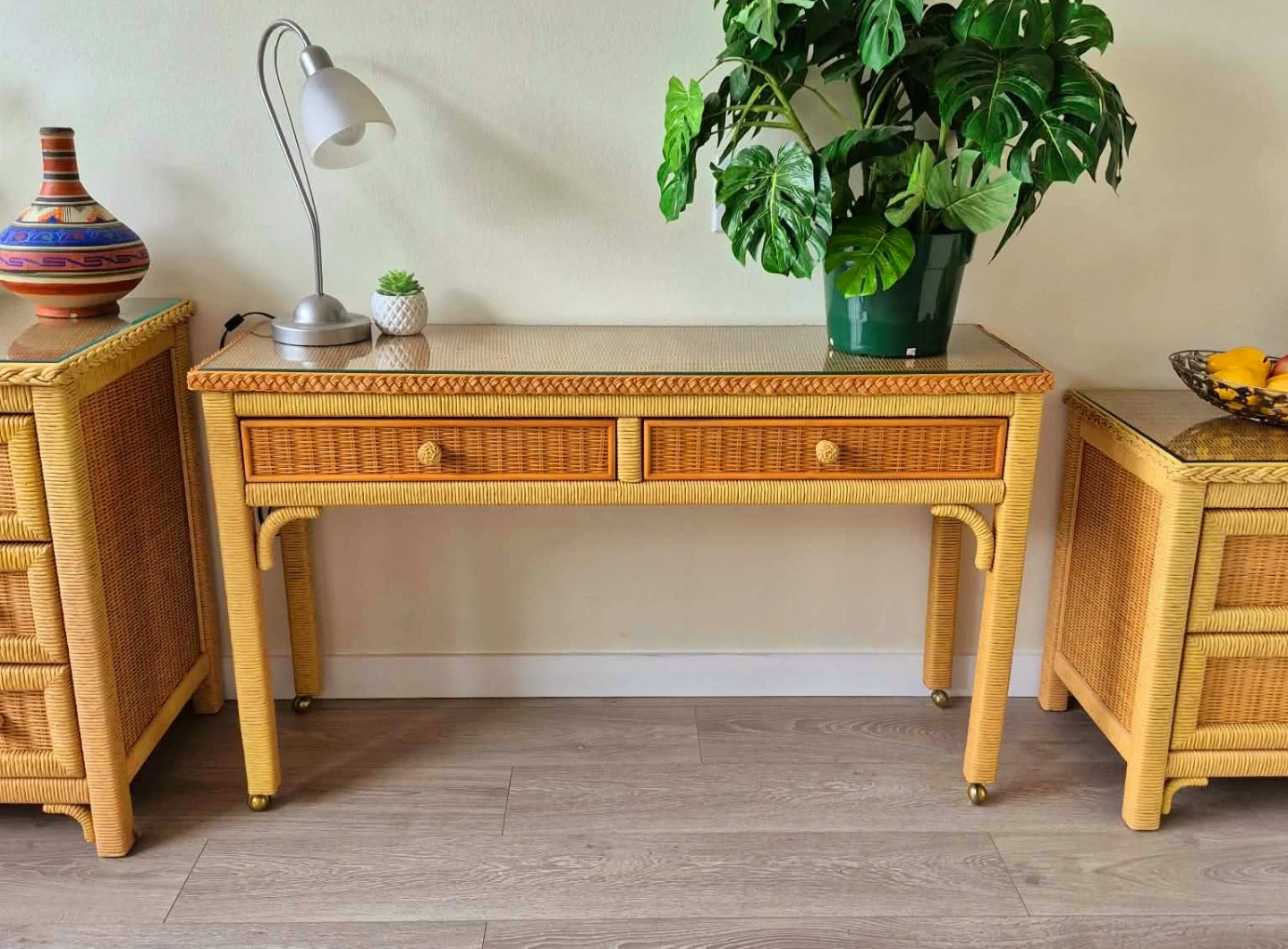 Bohemian Rattan Wicker Console Table On Caster Wheels - photo 3
