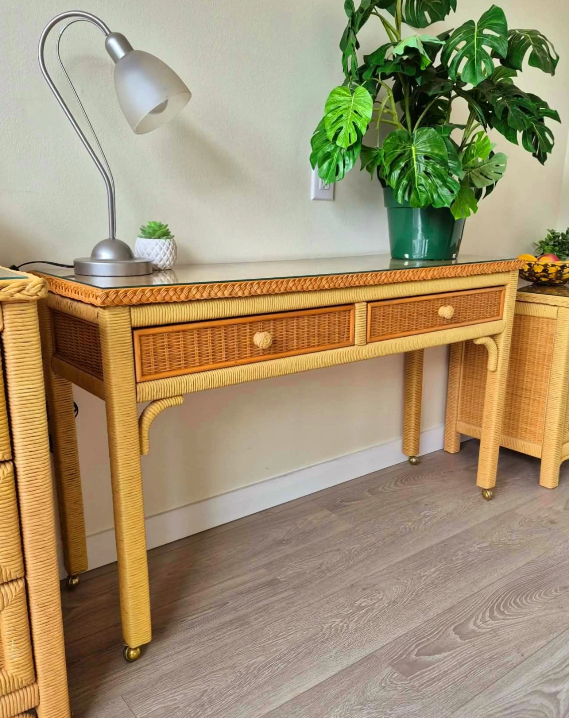 Bohemian Rattan Wicker Console Table On Caster Wheels - photo 4