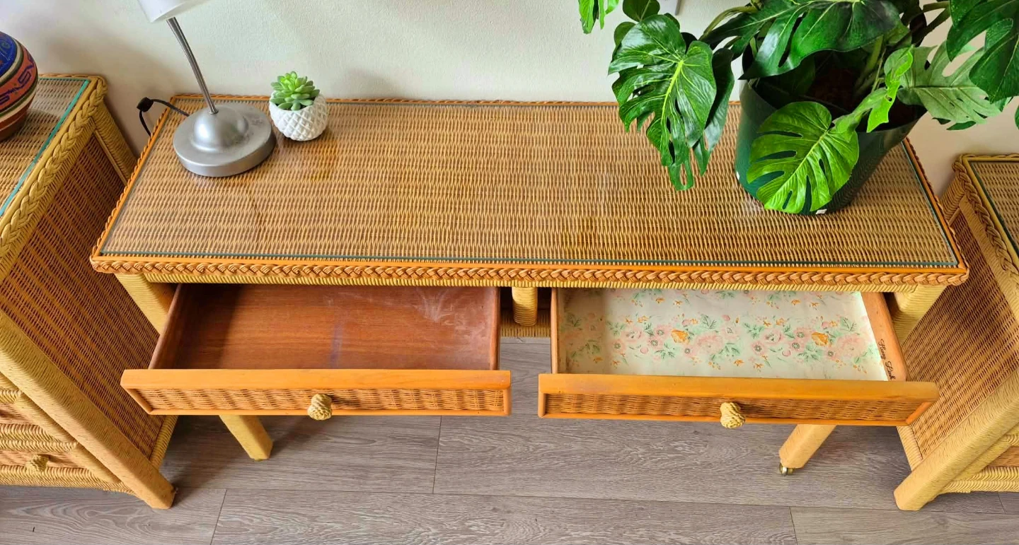 Bohemian Rattan Wicker Console Table On Caster Wheels - photo 5