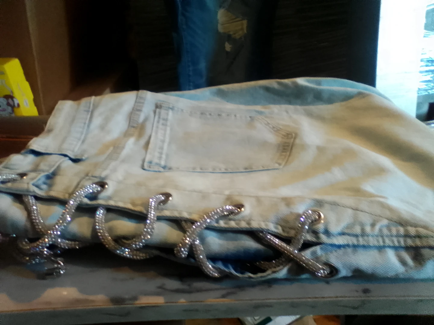 Light Wash Denim Jeans with Rhinestone Lacing