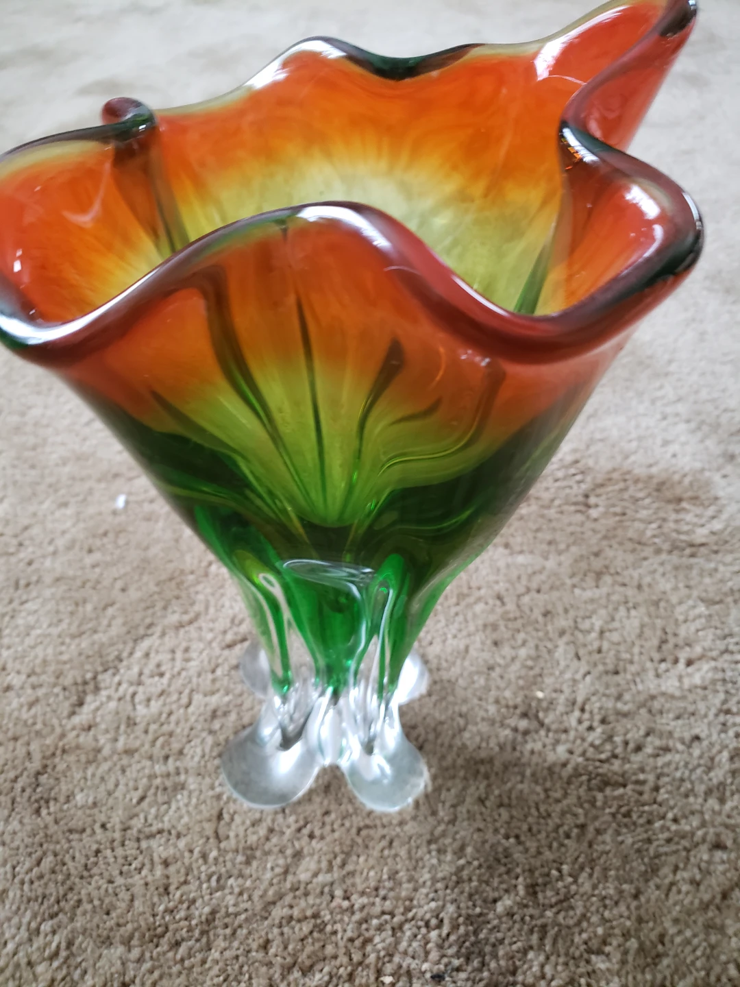 Vintage Swirl Art Glass Vase - Orange & Green - photo 4