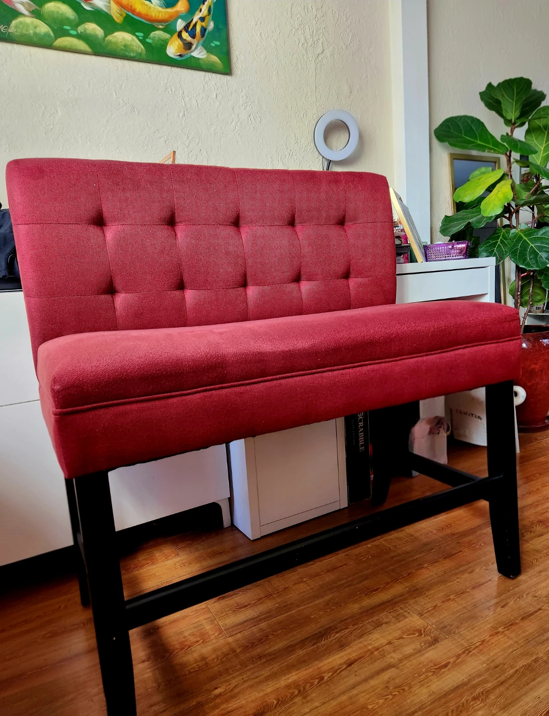 Red Tufted fabric Bench (barstool height)