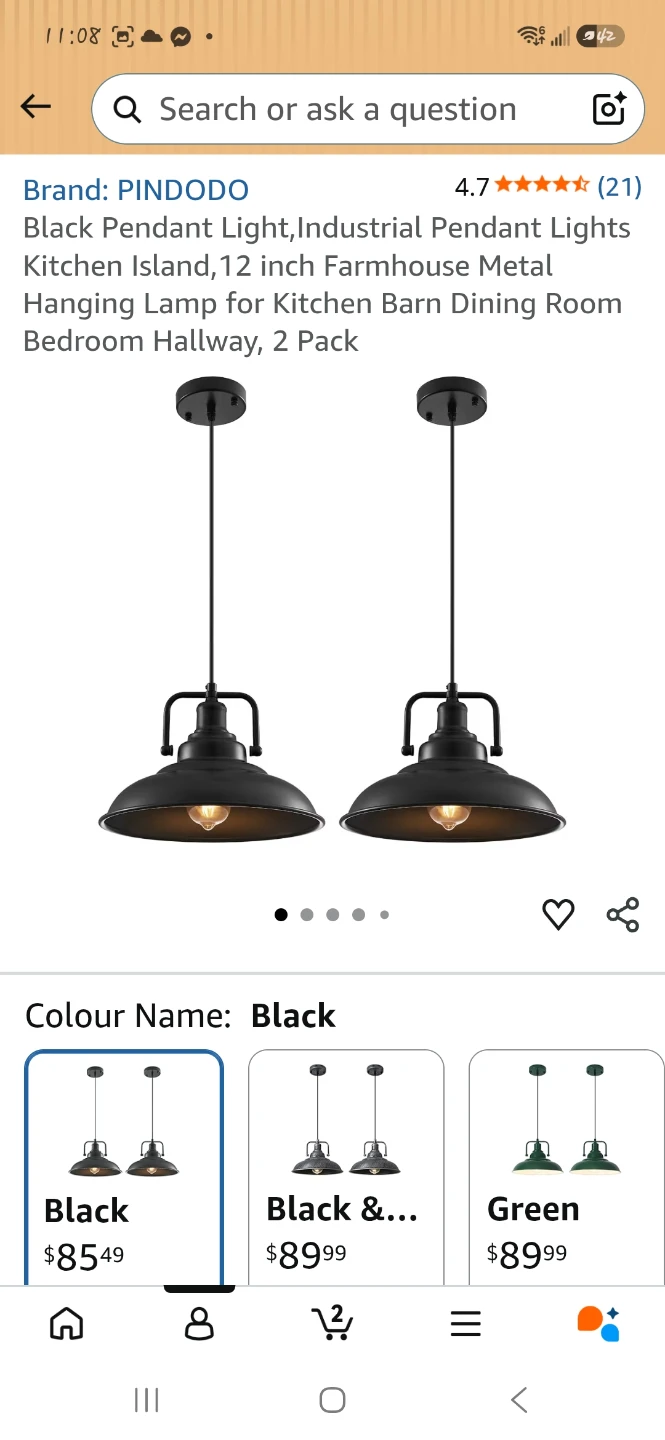 2 Pack Black Industrial Pendant Lights, 12 Inch