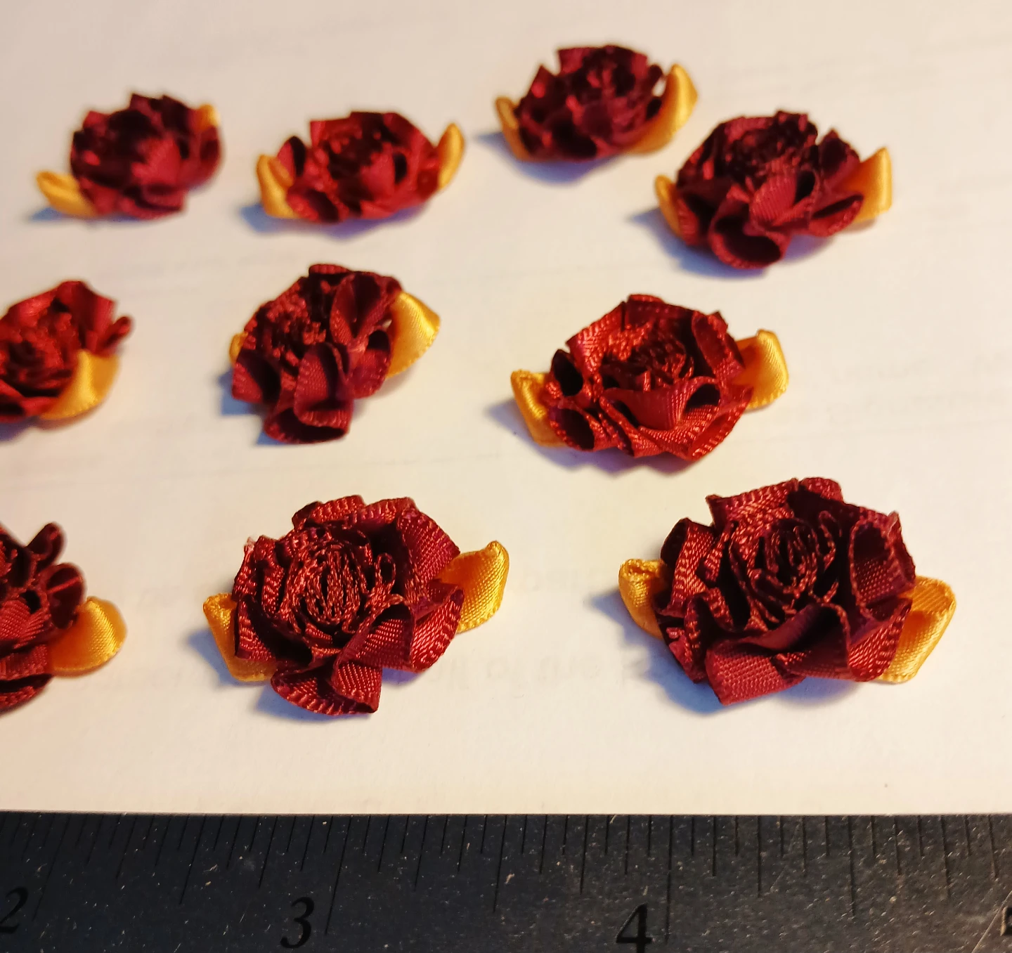 Set of 10 Silk Ribbon Roses - Burgundy/Gold