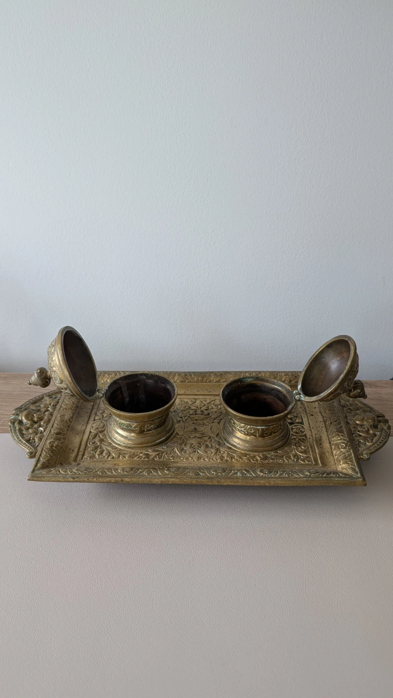 Antique Brass Inkwell with Two Lidded Cups - photo 2