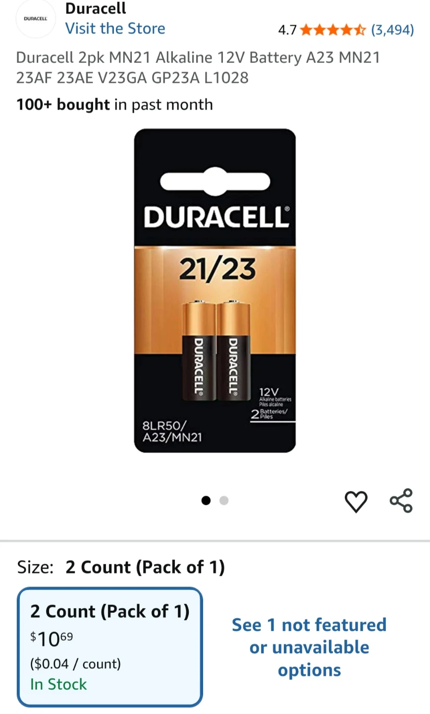 Duracell 21/23 MN21 A23 Alkaline Batteries - 2 Count