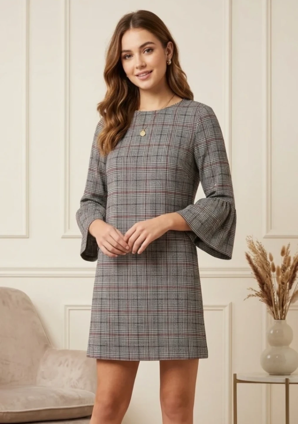 Zara Woman Plaid Bell Sleeve Dress