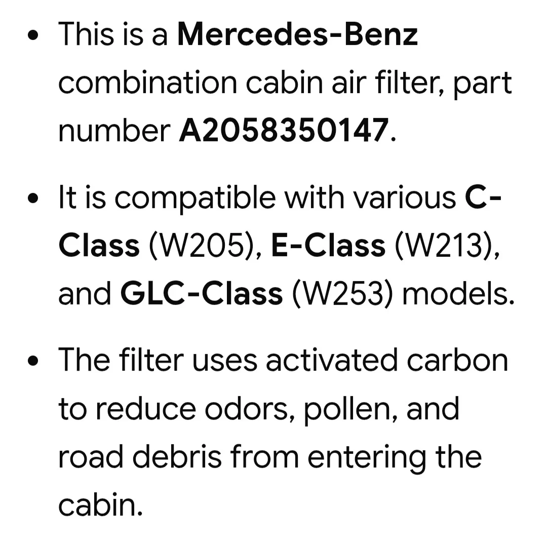 Mercedes-Benz Combination Cabin Air Filter A2058350147 - photo 4