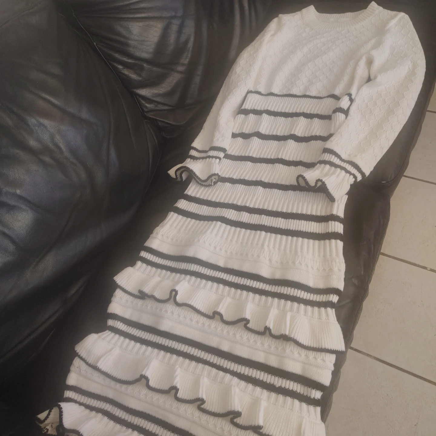 White and Black Striped Knit Maxi Dress with Ruffles - photo 4