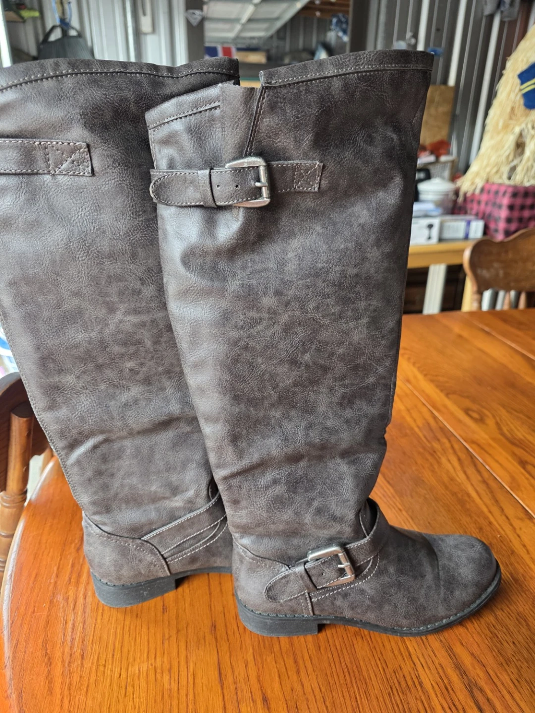 Brown Faux Leather Tall Boots with Buckles - photo 3