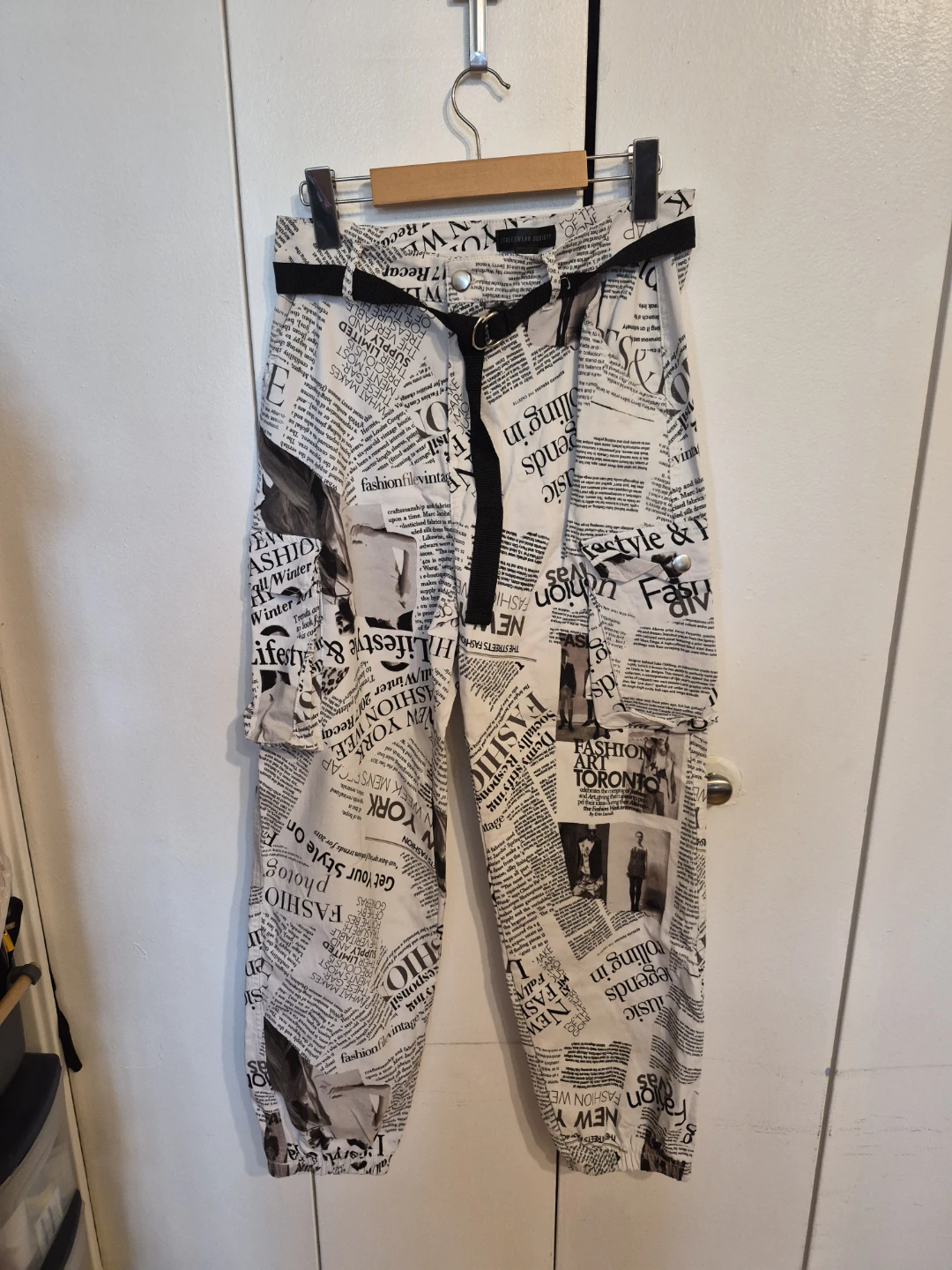 White Newspaper Print Cargo Pants(worn once)