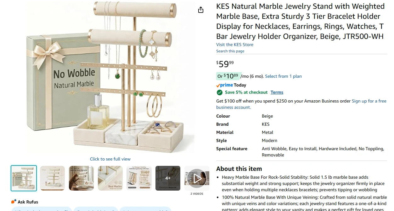 KES Natural Marble Jewelry Stand - Beige - photo 2