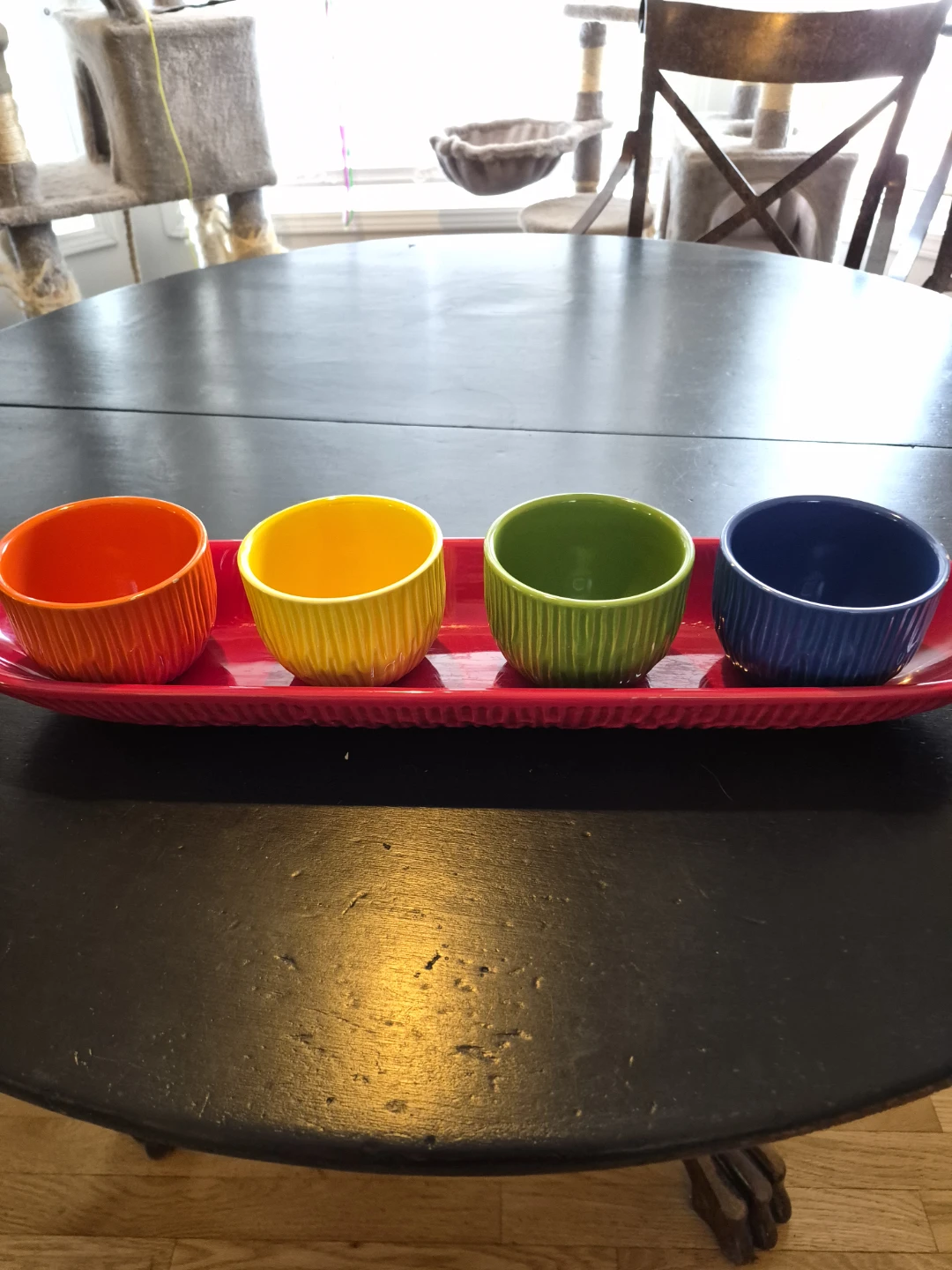 Set of 4 colourful condiment bowls with tray
