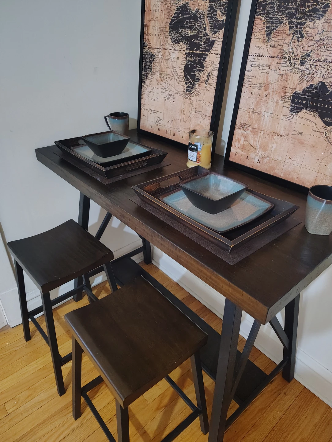 Wooden Bar Table with Two Stools - photo 2