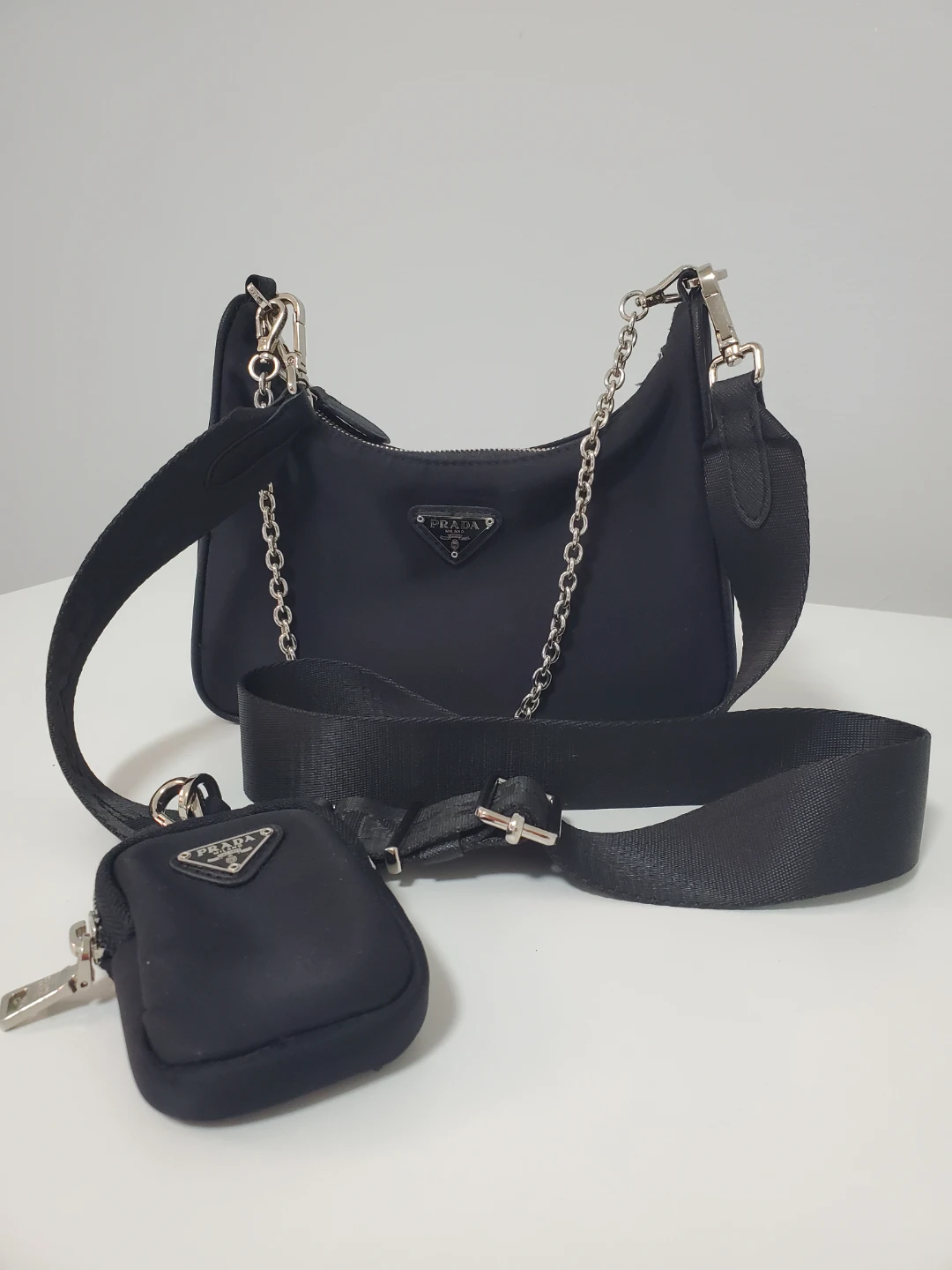 Prada Black Nylon Small Shoulder Bag w/ Chain & Mini Pouch