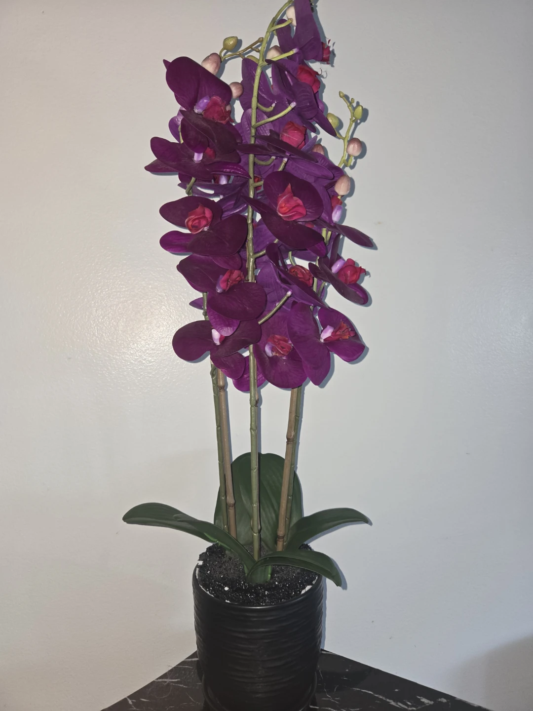 Purple Artificial Orchid Plant in Black Pot