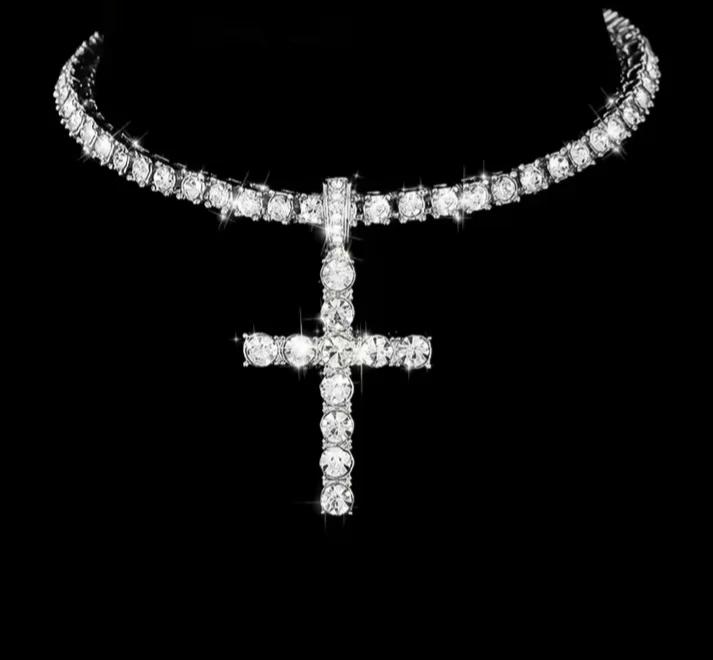 Tennis Ice Out Cross Pendant Necklace