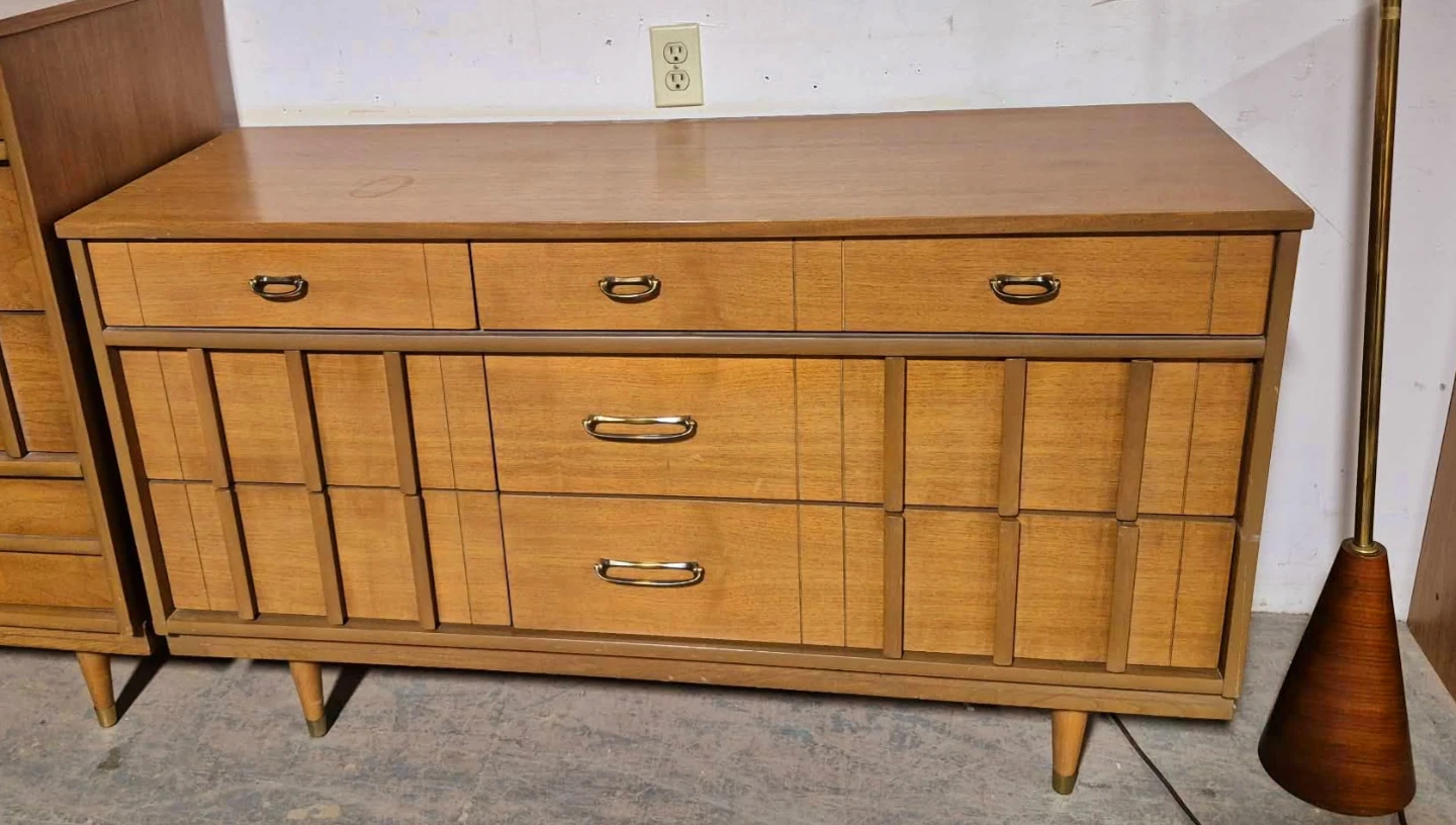 MCM Walnut 9 Drawer Dresser With Brass Handles - photo 4