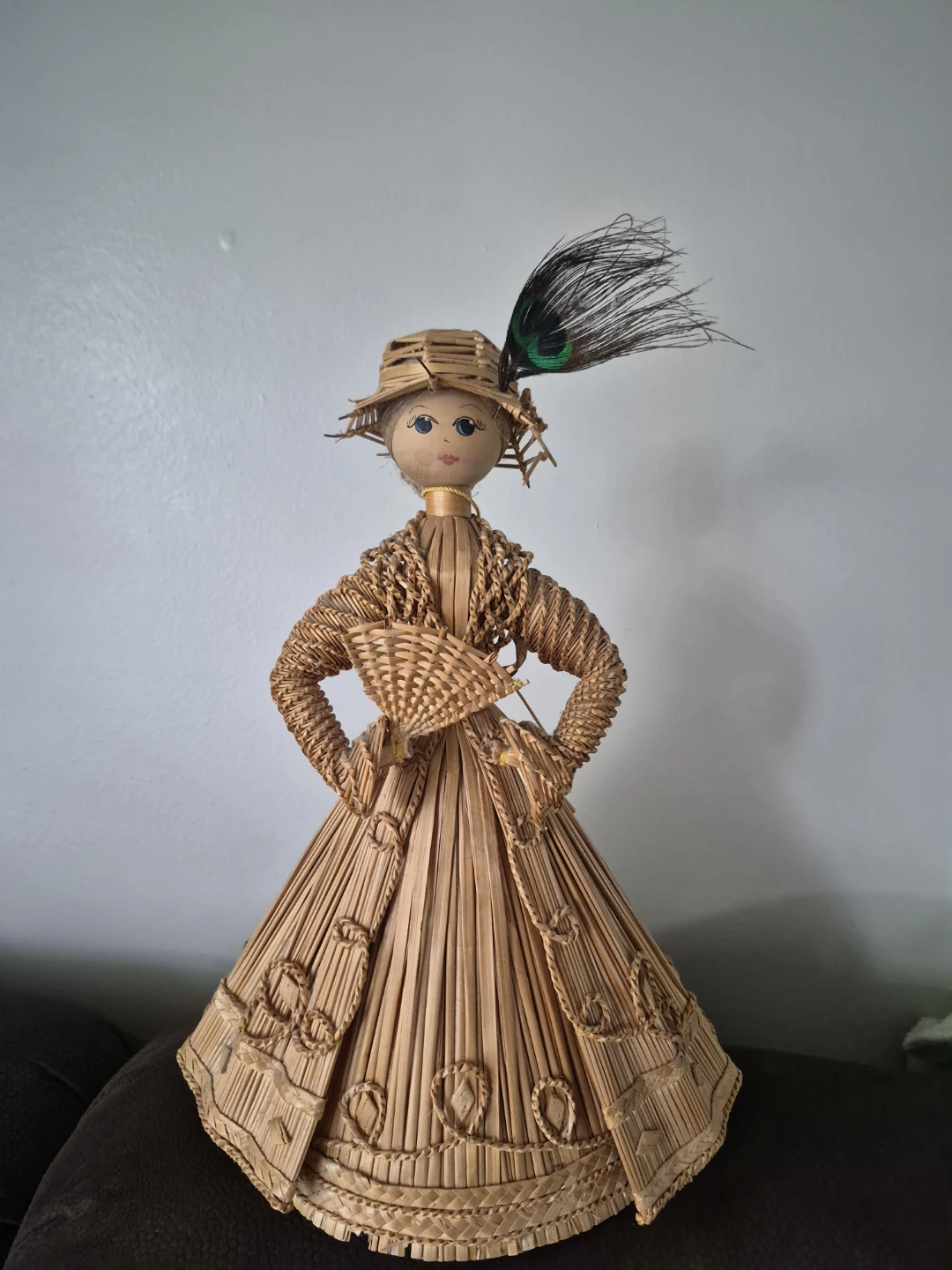 Handmade Straw Doll with Peacock Feather