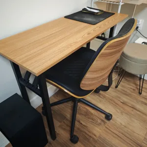 Wood grain desk with black metal frame