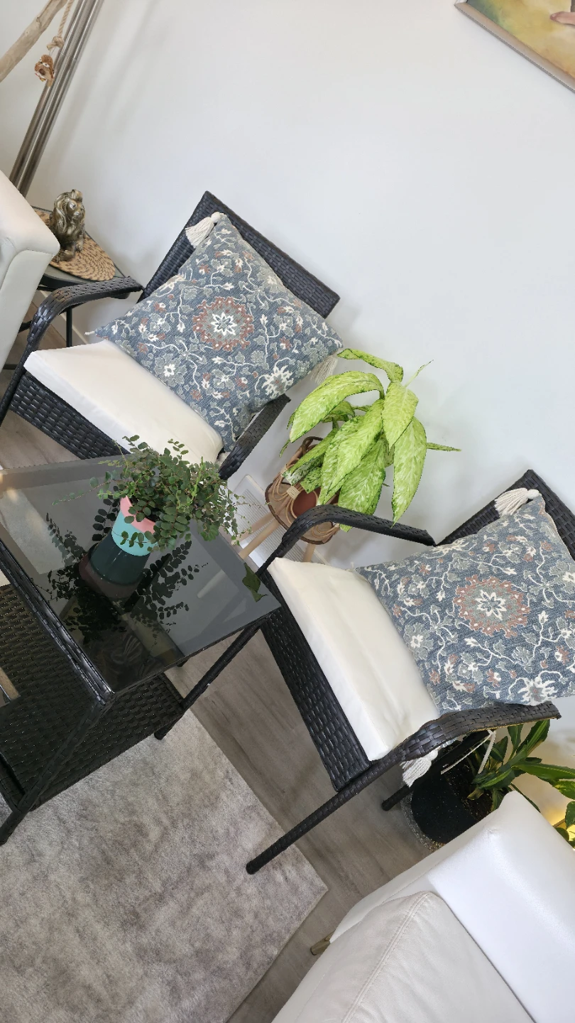 Set of 3 Patio Chairs with Seat Cushions, Glass Top Table
