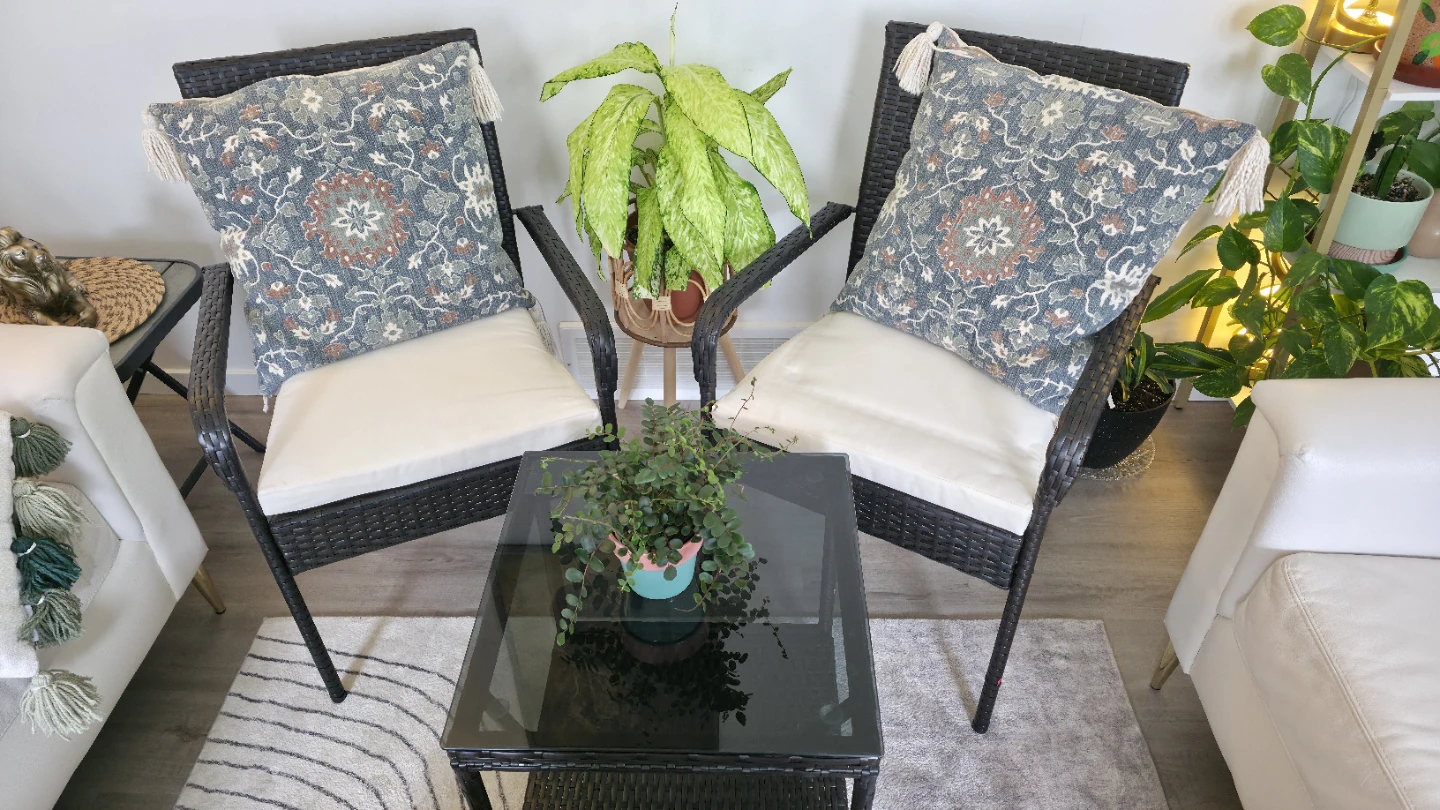 Set of 3 Patio Chairs with Seat Cushions, Glass Top Table - photo 4
