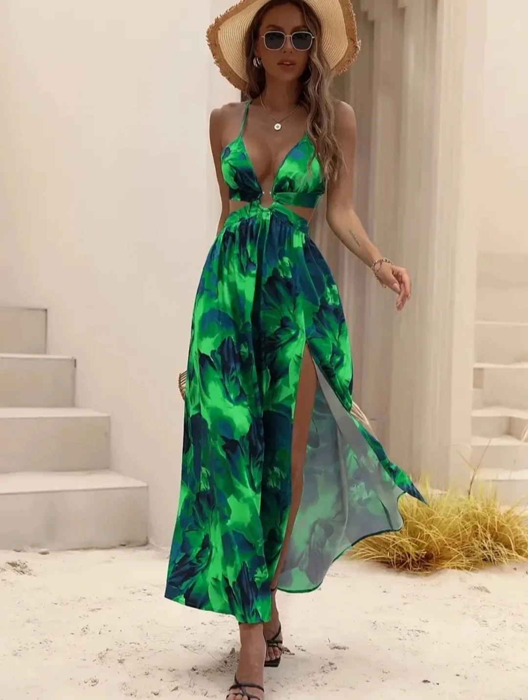 Green Floral Cutout Maxi Dress
