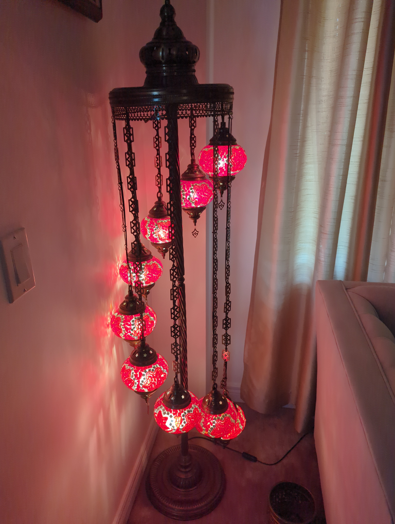 Mosaic Turkish Floor Lamp with 9 Red Globe Lights