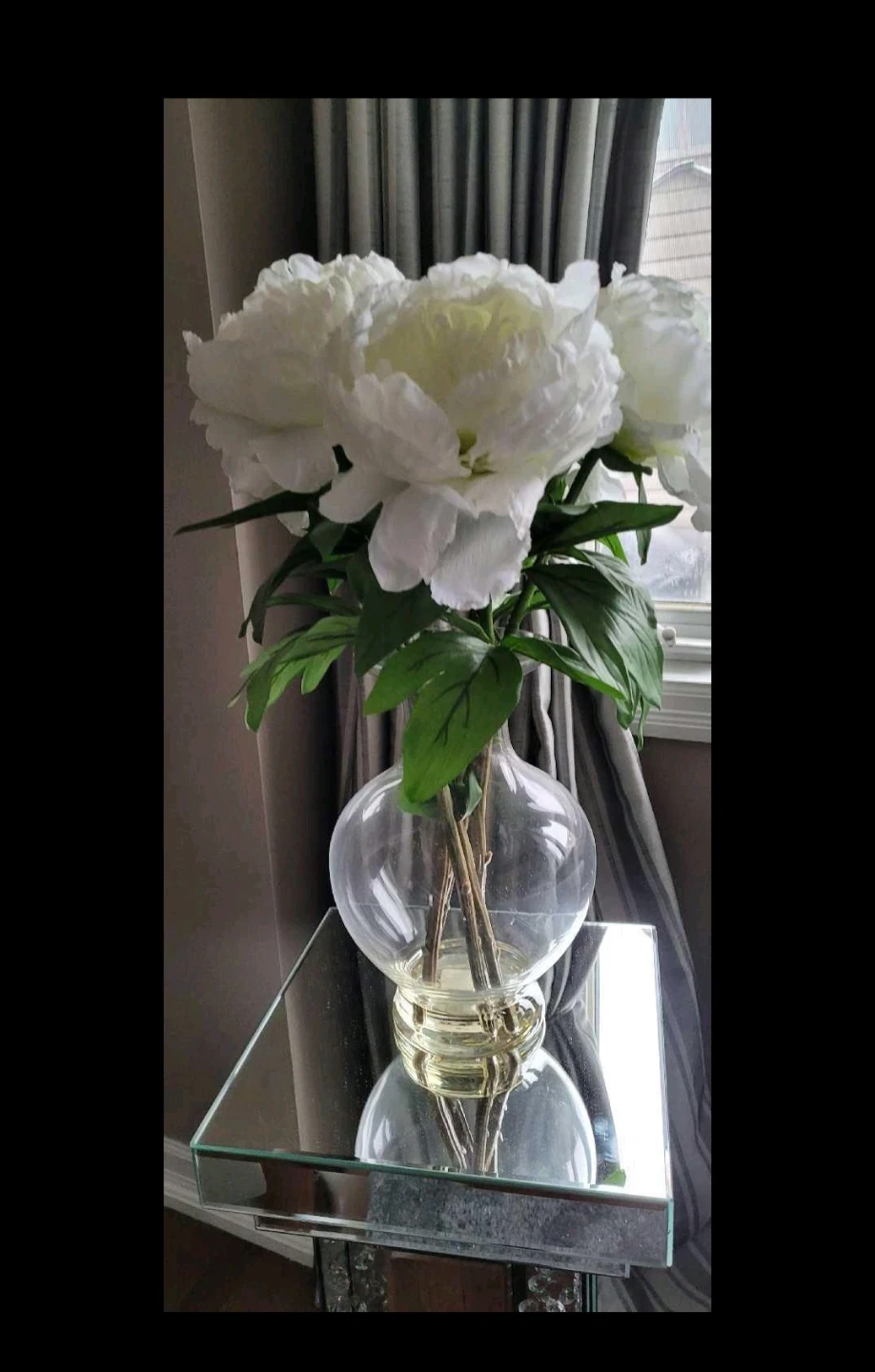 White Peony Faux Flowers in Glass Vase