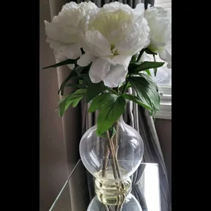 White Peony Faux Flowers in Glass Vase