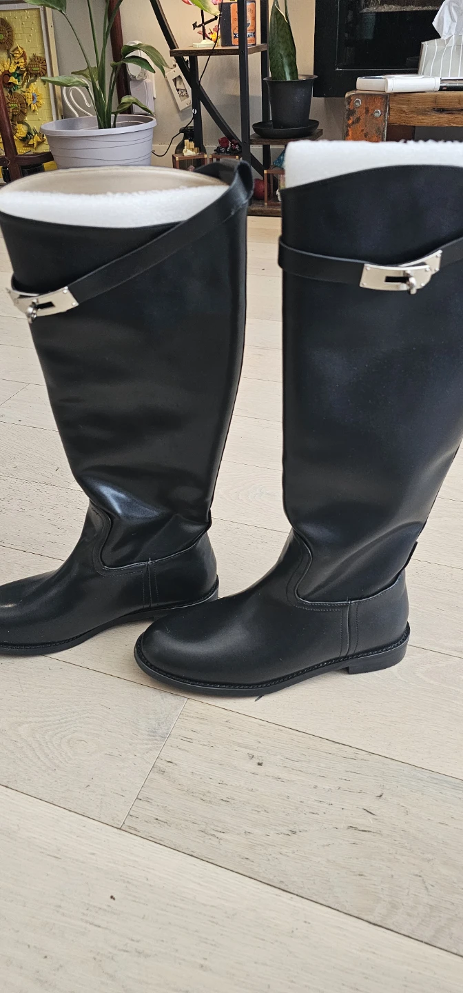 Black Tall Boots with Buckle Detail- Size 8