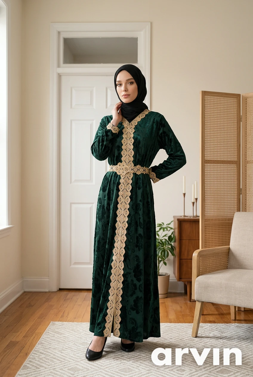 Velvet Abaya Dress with Gold Trim