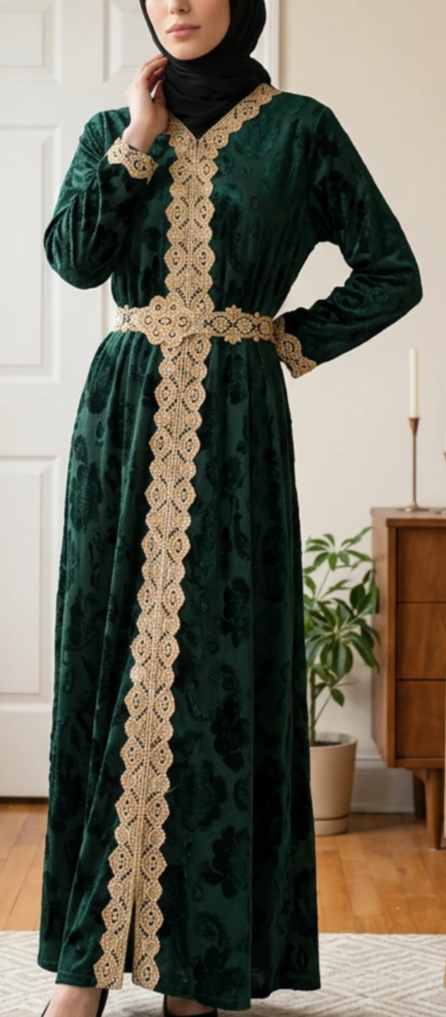 Velvet Abaya Dress with Gold Trim - photo 2