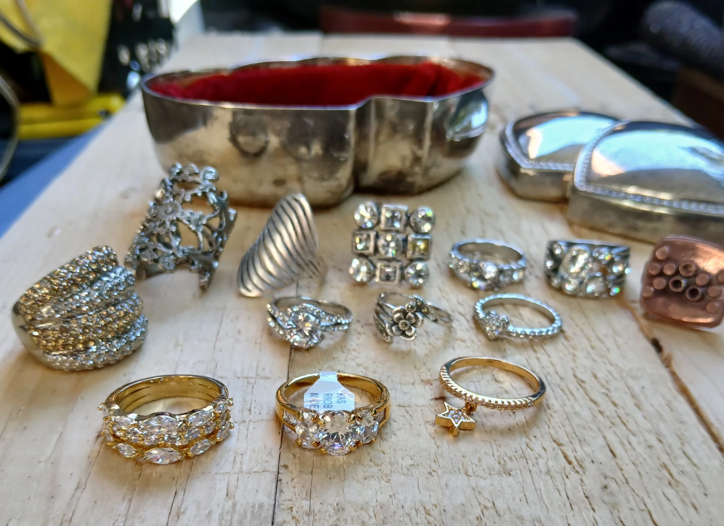 Assorted Costume Rings and Heart-Shaped Trinket Box