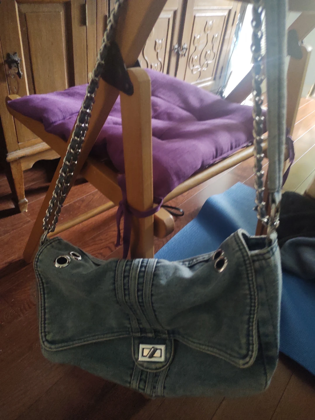 Denim Shoulder Bag with Chain Strap