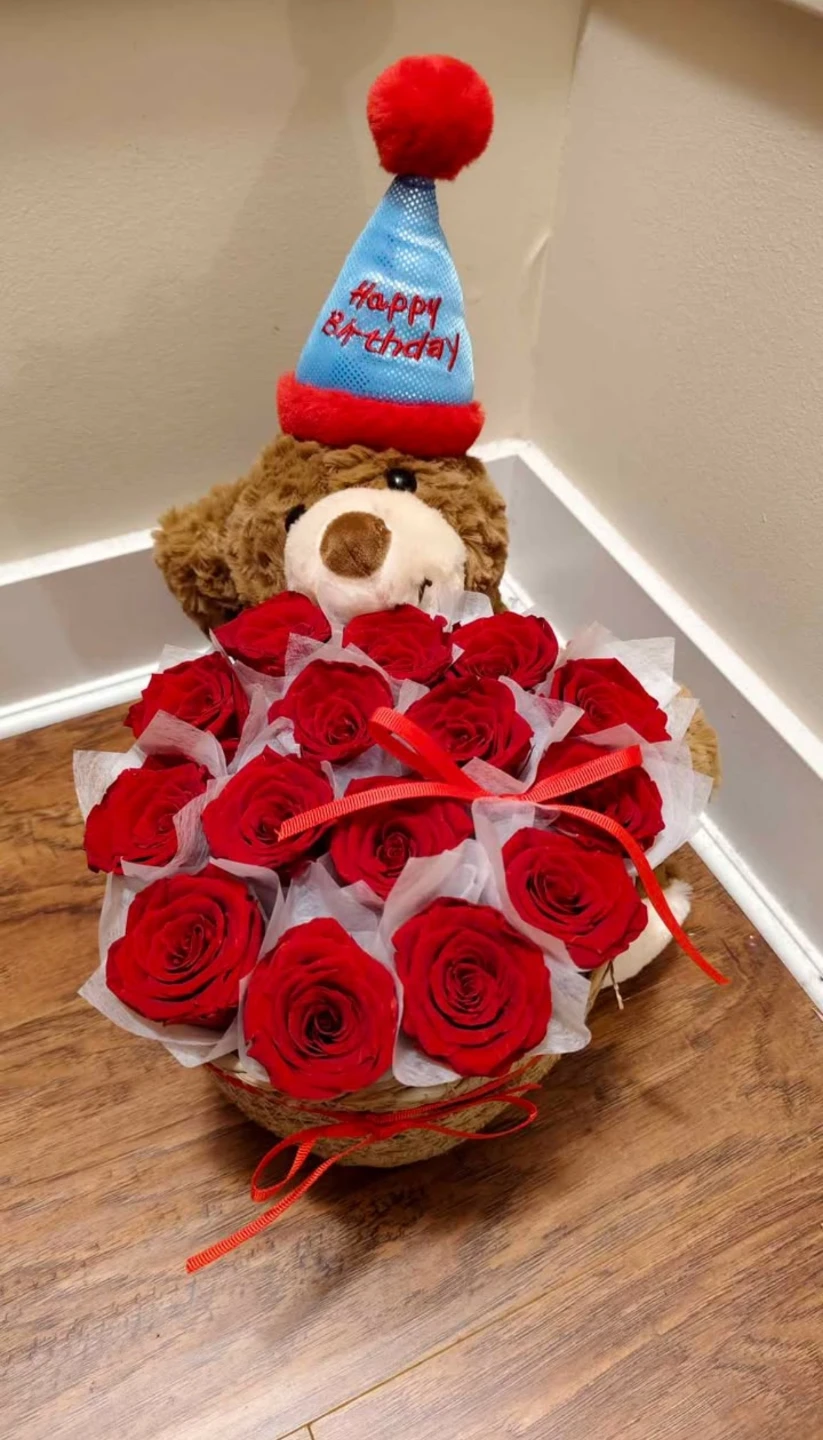 Plush Bear with preserved Red Roses Birthday Arrangement