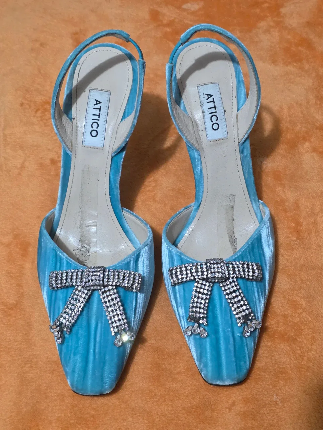 ATTICO Blue Velvet Crystal Bow Slingback Heels