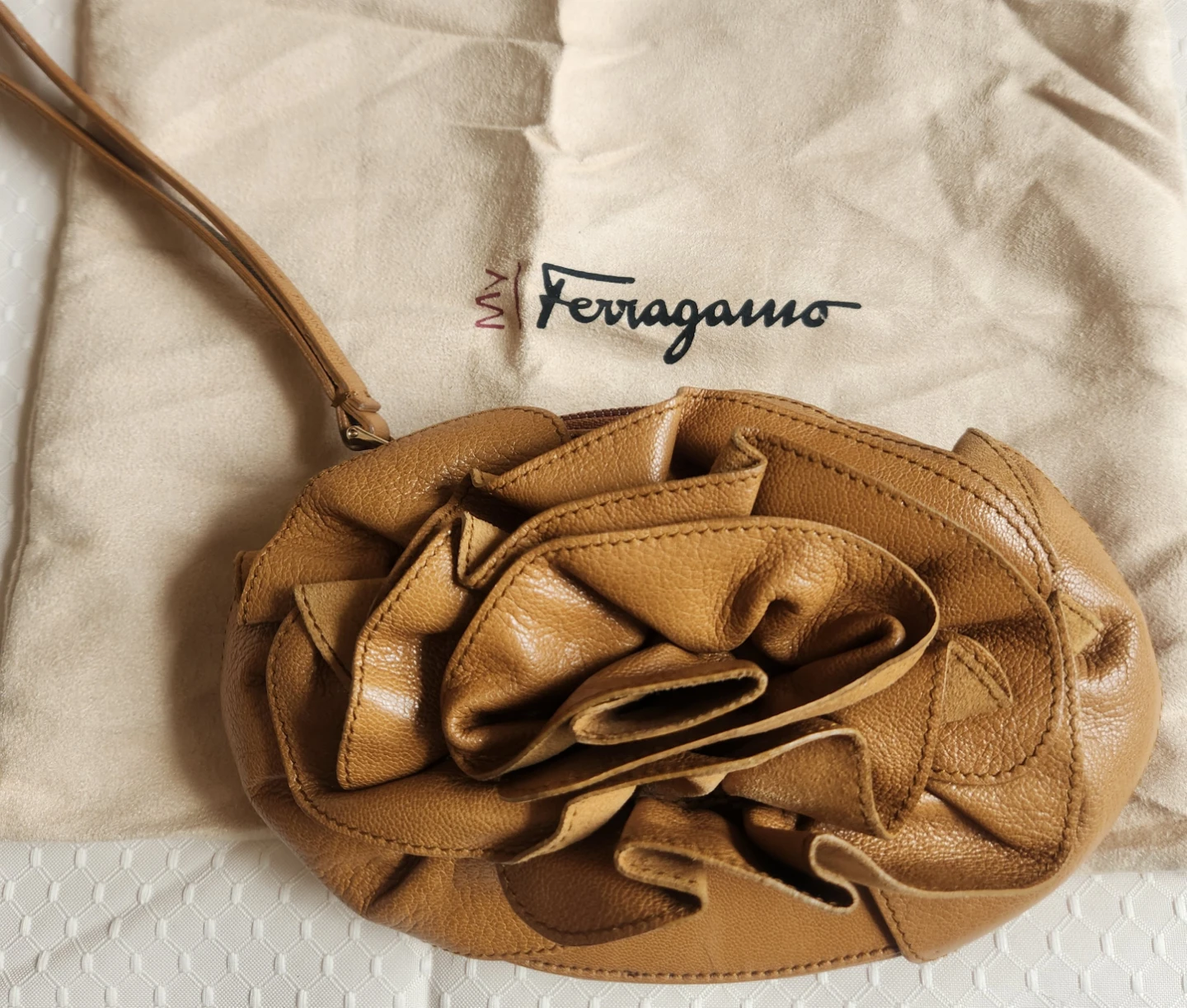 Salvatore Ferragamo Brown Leather Flower Clutch Pouch