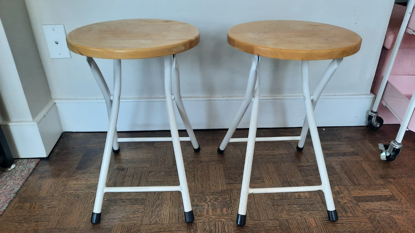 Two Wood and White Metal Stools