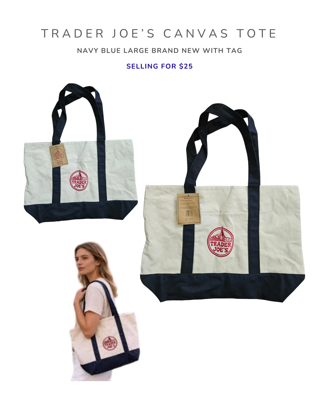 Trader Joe's Canvas Tote Bag - Navy Blue Large