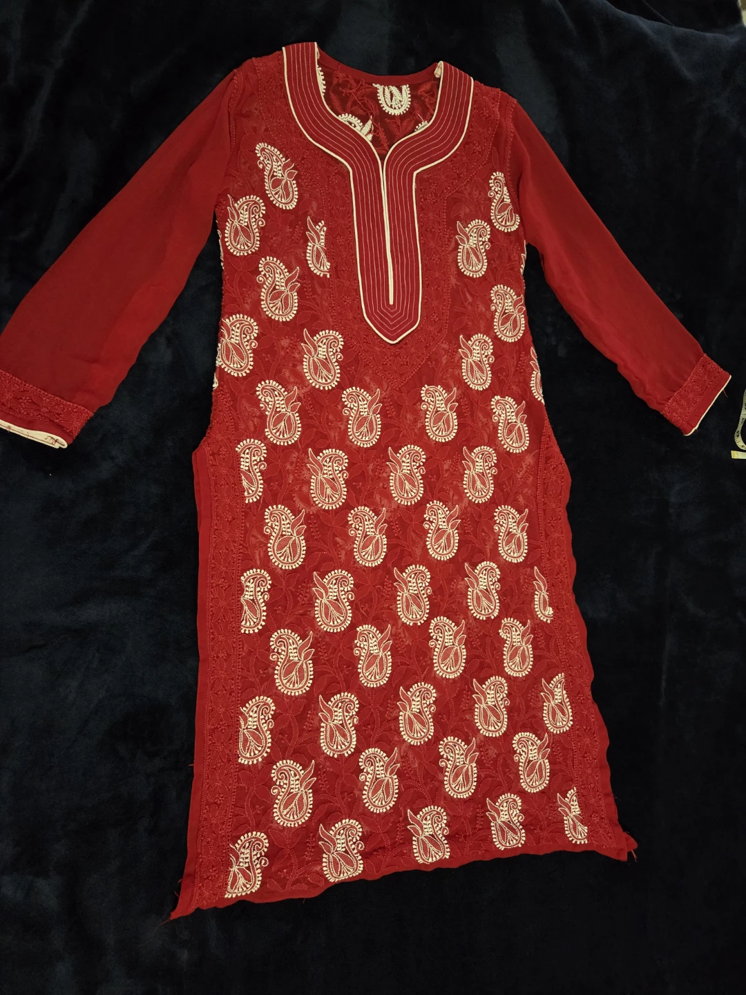 Red  chickenkaari embroidered Kurti